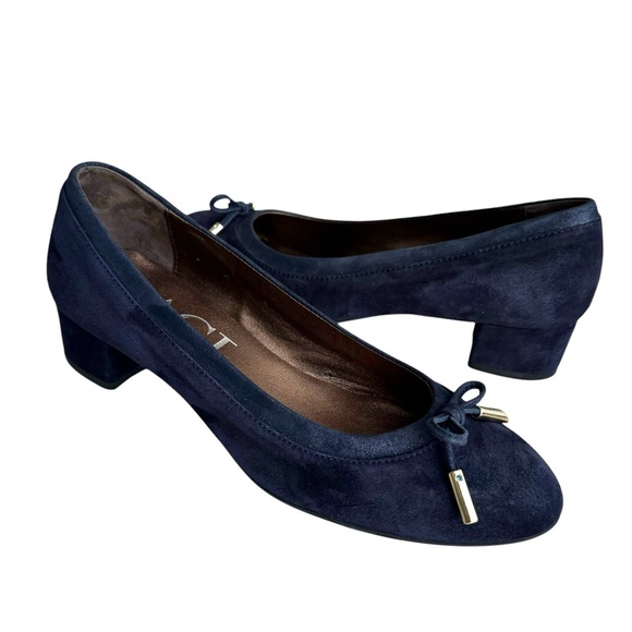 AGL Navy Blue Suede Chunky Heel Italian Shoes Leather Bow Detail Women’s 38 - Picture 1 of 17